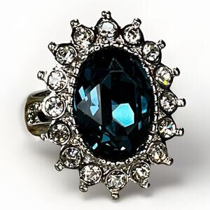 Kenneth Jay Lane Princess Simulated Sapphire Crystal Silver Tone Ring Size 6